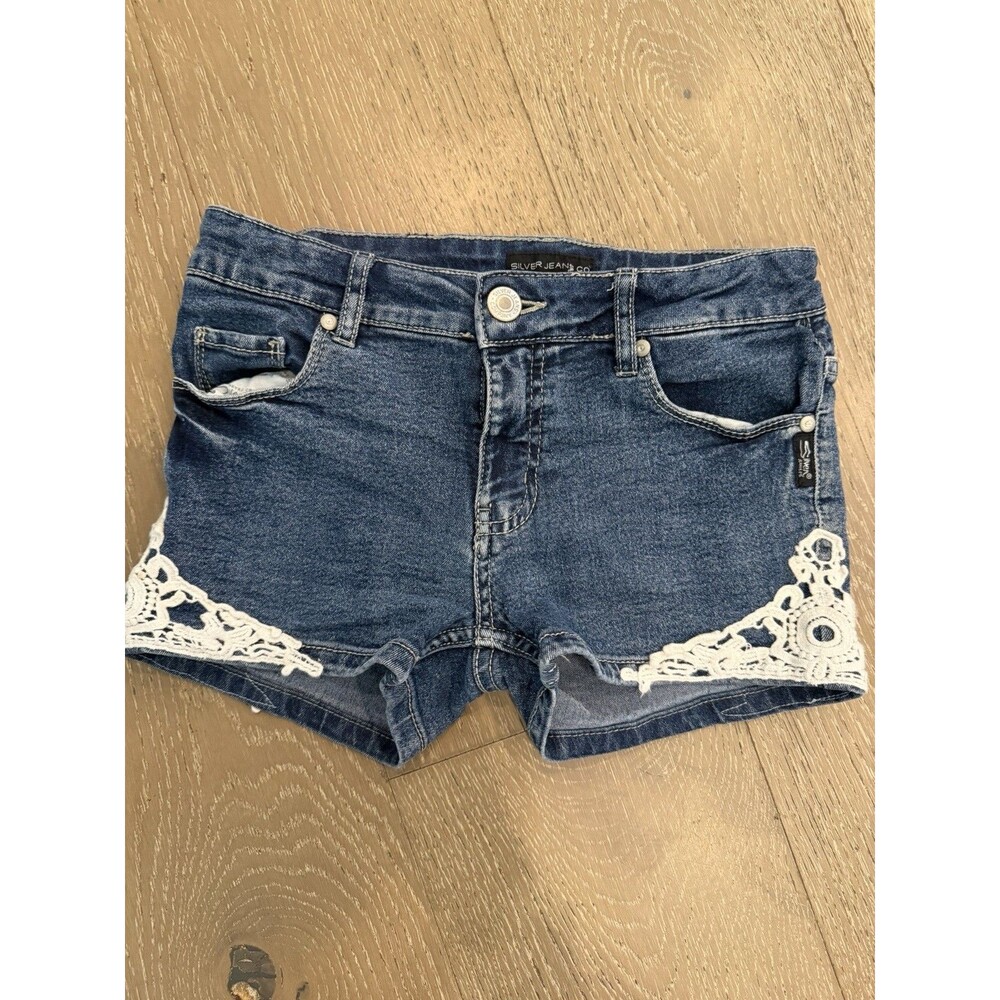 Girls Silver Jeans Lacy Darn Blue Denim Jean Shorts W/Lace Trim Sz 9-10